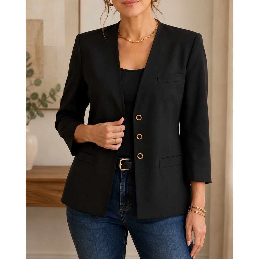 L 164 Vintage Le Suit Black Blazer Gold Ring Buttons Collarless 90s Quiet Luxury